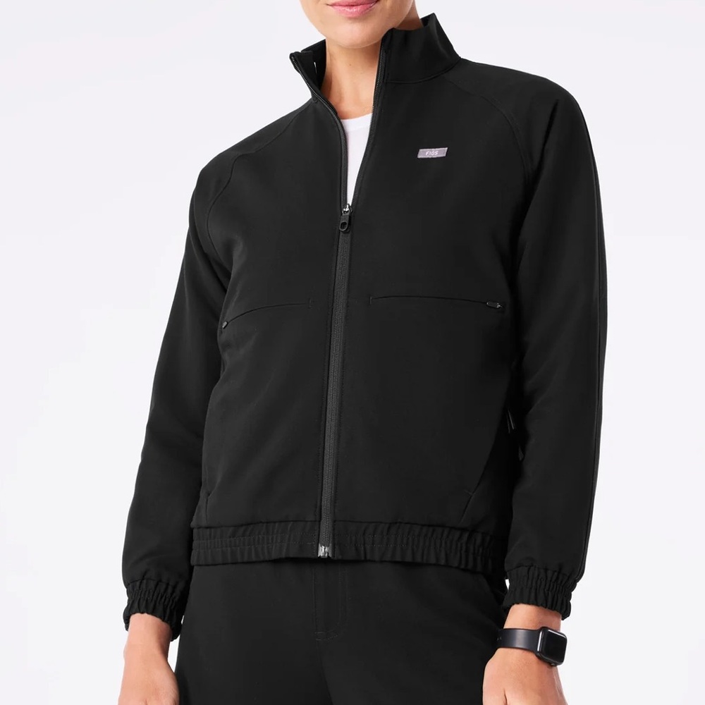 FIGS- Sydney Performance scrub jacket in black with embroidery